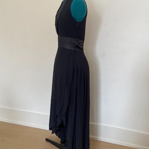 Black Tuxedo High Low Chiffon Dress with Slit & Sheer Plunging Neckline - Picture 6 of 11